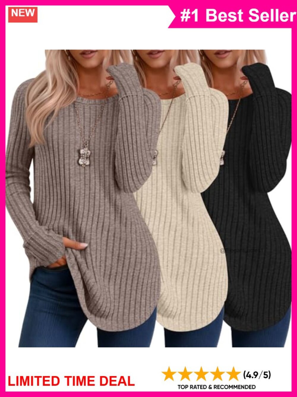 Riyiper 3 Pack Womens Long Sleeve Sweaters Thumb Hole Tunic Tops